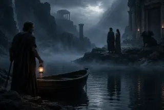 Le fleuve Styx dans un monde souterrain brumeux, avec un passeur près d’une barque, deux silhouettes sur la rive opposée et Cerbère devant une porte de pierre.