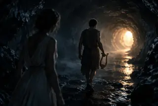 Orphée avance vers la lumière dans un tunnel souterrain tandis qu’Eurydice le suit dans l’ombre.